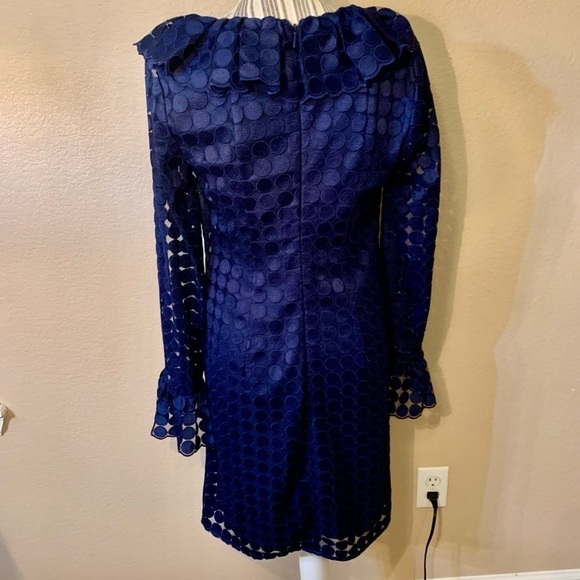 Trina Turk Dress Medium Navy Blue Mini Long Slvs Lace Dots Ruffle Neckline Cuffs - Picture 8 of 16